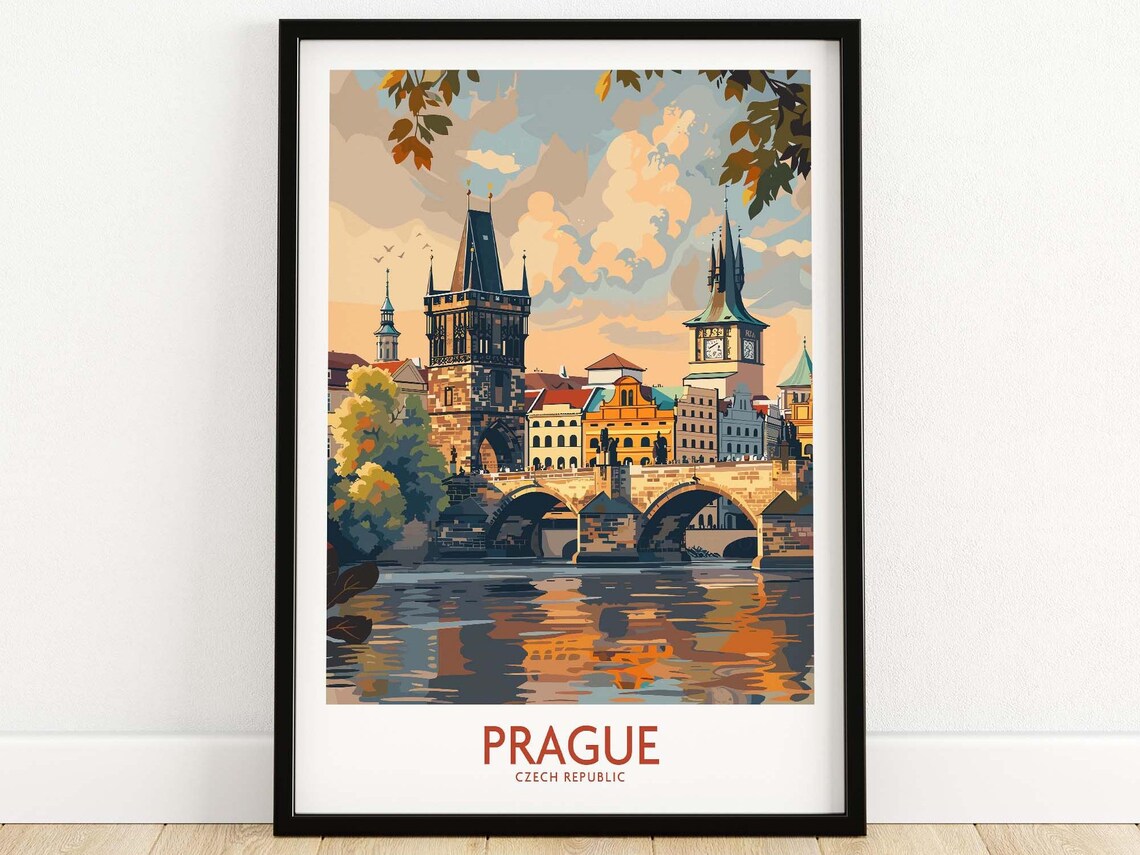 Prague Cityscape Travel Poster, Europe Wall Art