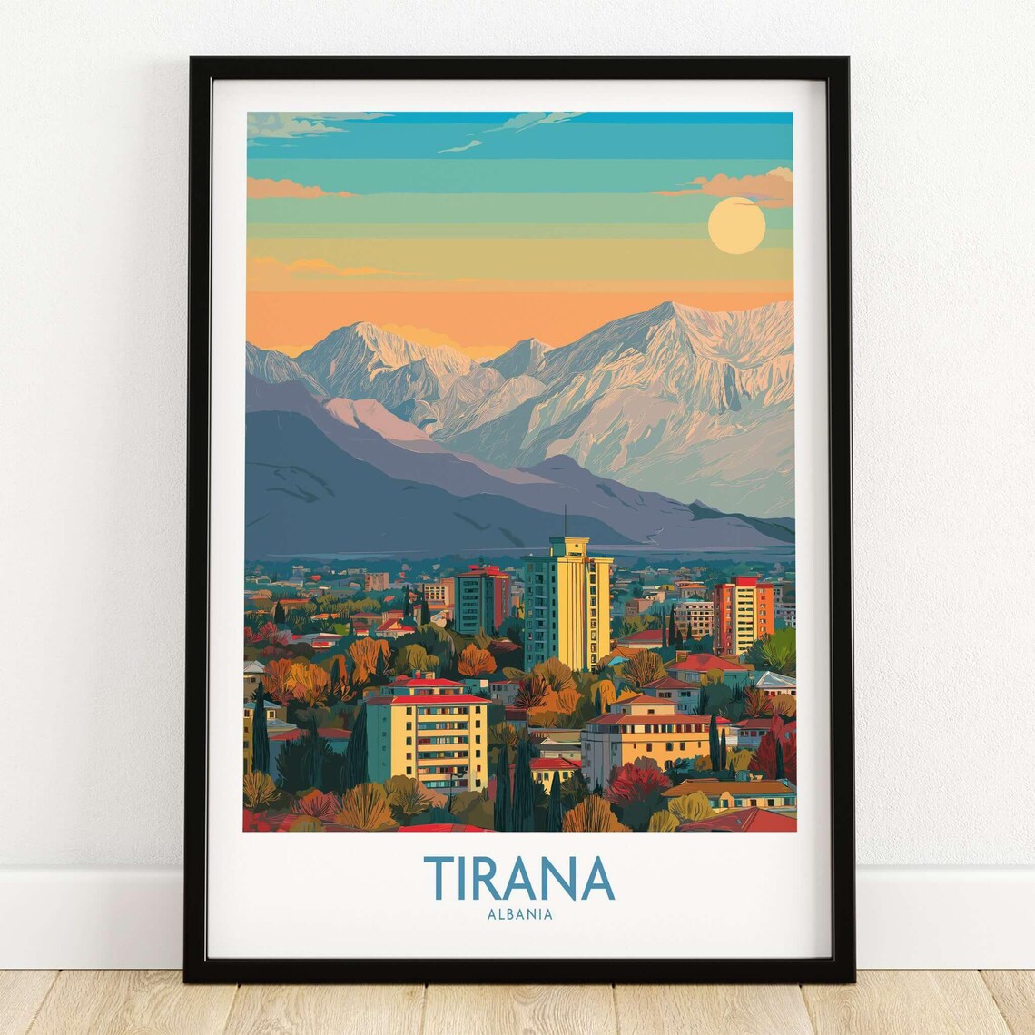 Tirana Albania Sunset City Skyline Over Snowy Mountains Art Poster