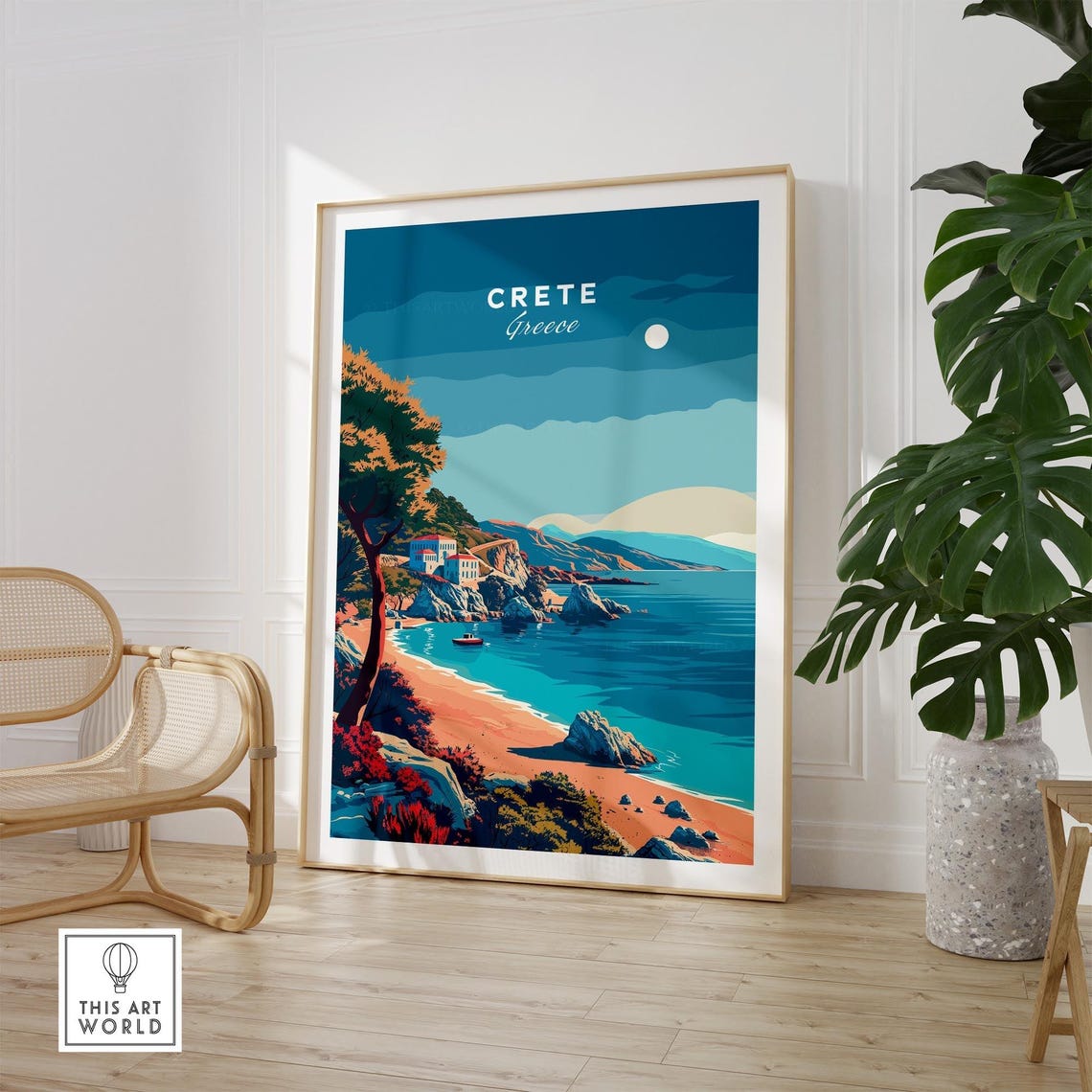 Crete Greece Moonlit Cove Pine Beach Calm Night Water Poster - Image 2