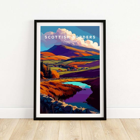 Scottish Borders Travel Print Autumn Landscape Poster Scotland Lake Wall Art Decor Gift Lovers Illustration Eildon Hills