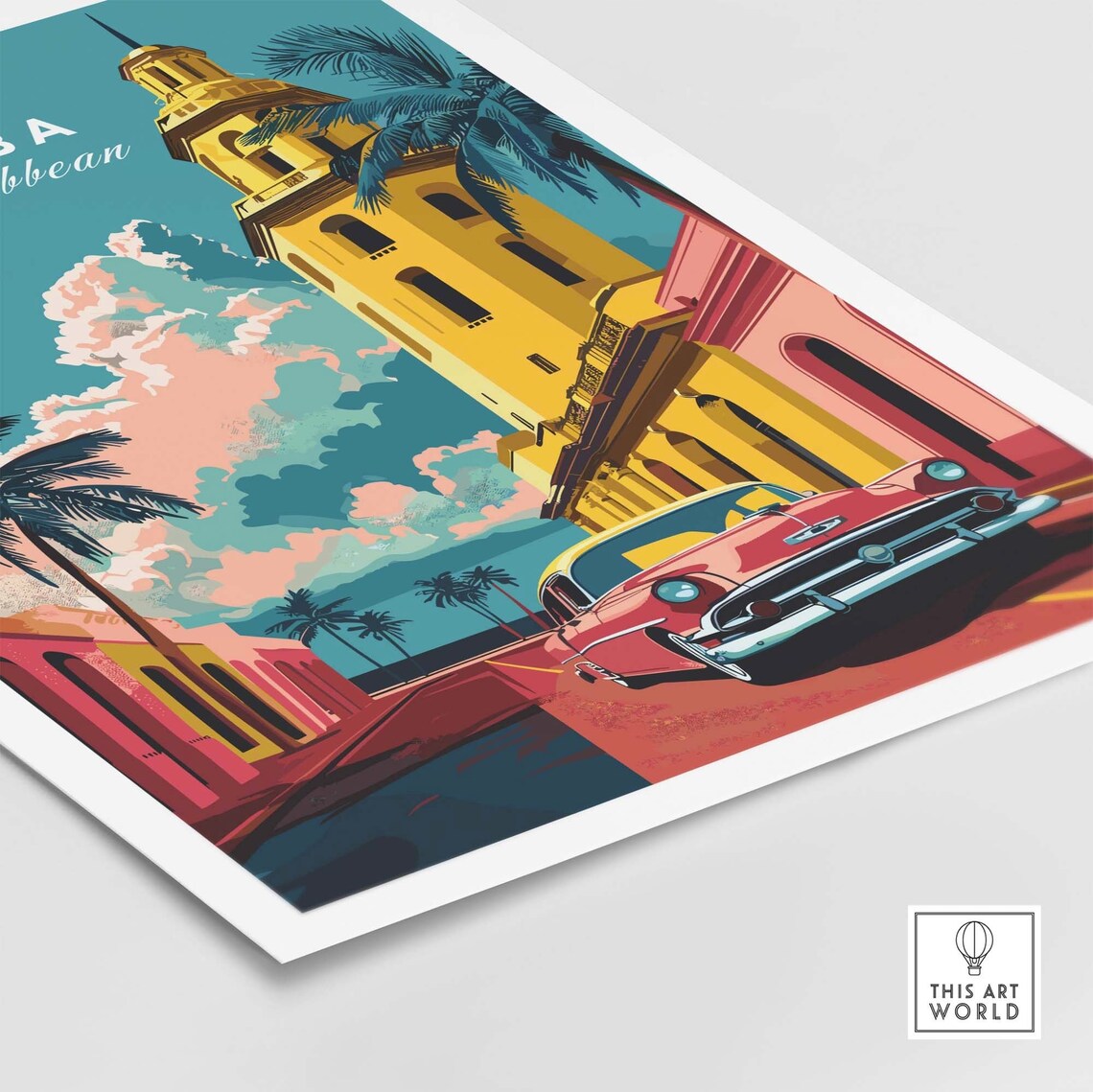 Cuba Caribbean Classic Red Car Church Tower Palm Street Poster - Image 4