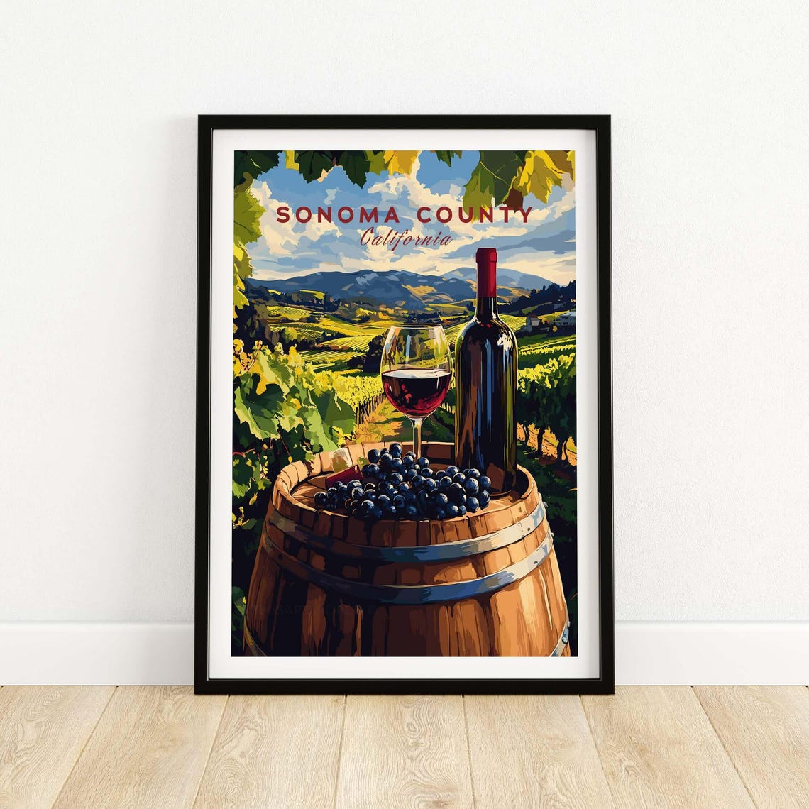 Sonoma County California Wine Barrel Poster Vineyard Grapes Decor Gift