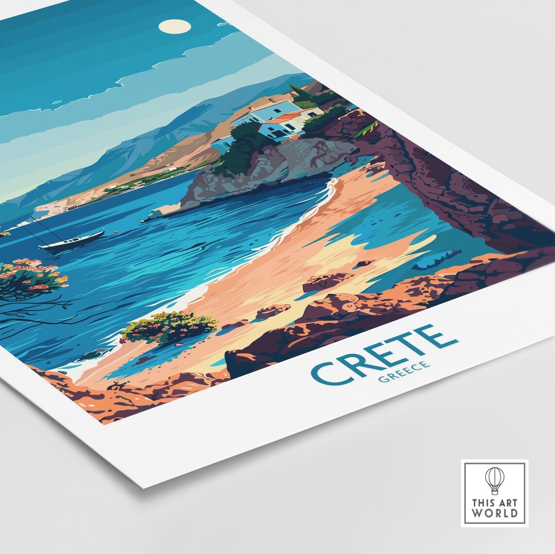 Crete Greece Rocky Shore Beach Moon Sea Landscape Art Poster - Image 4