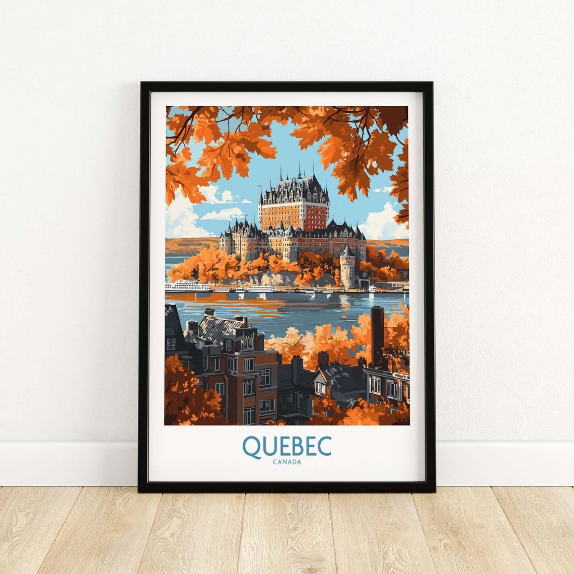 Quebec Canada Travel Poster Chateau Frontenac in Autumn Colors