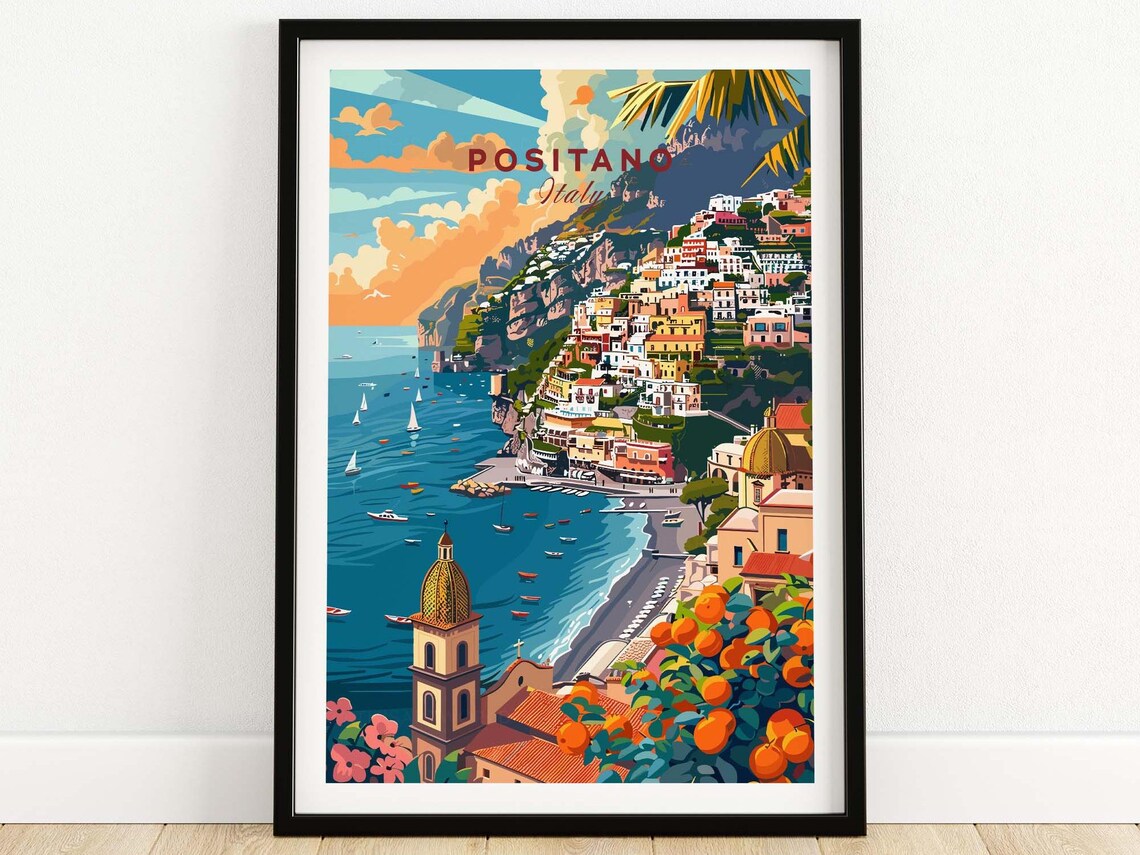 Positano Italy Amalfi Coast Cliff Town Sailboats Sunset Poster