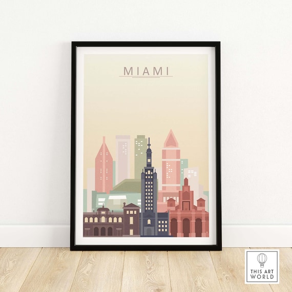 Miami Florida Minimalist Skyline Pastel Cityscape Art Poster