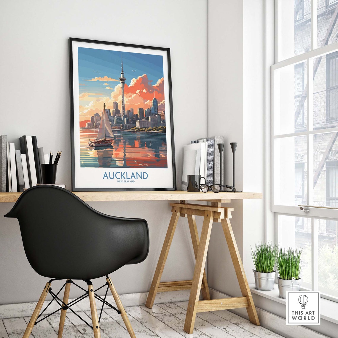 Auckland New Zealand Sky Tower Sunset Harbor Sailboat Poster - Image 4