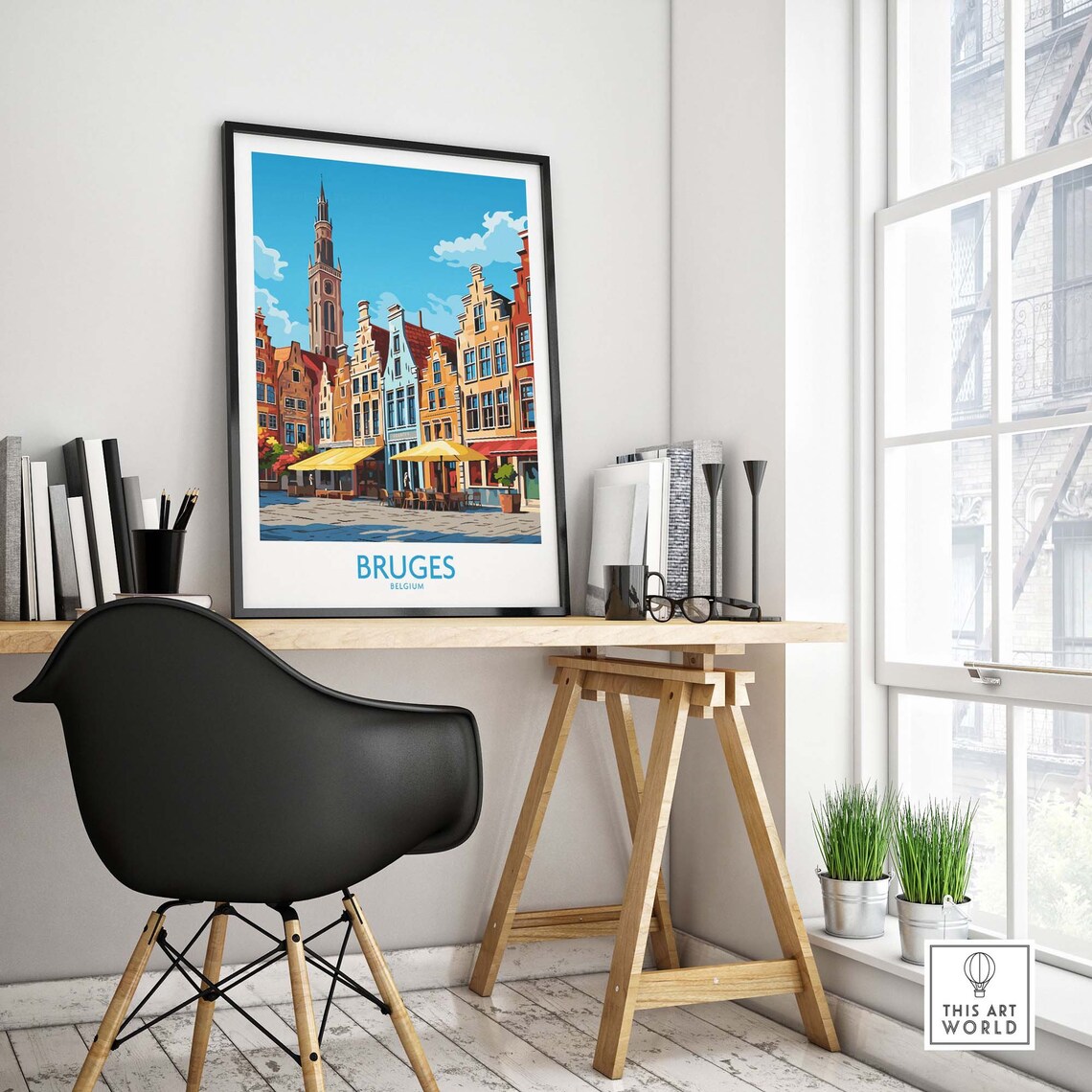 Bruges Belgium Medieval Market Square Belfry Cafe Scene Poster - Image 4