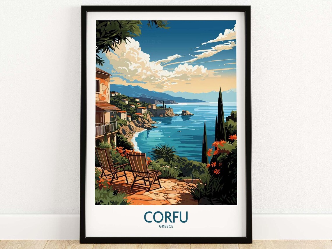 Corfu Greece Coastal Terrace Cypress Sea View Vintage Travel Poster