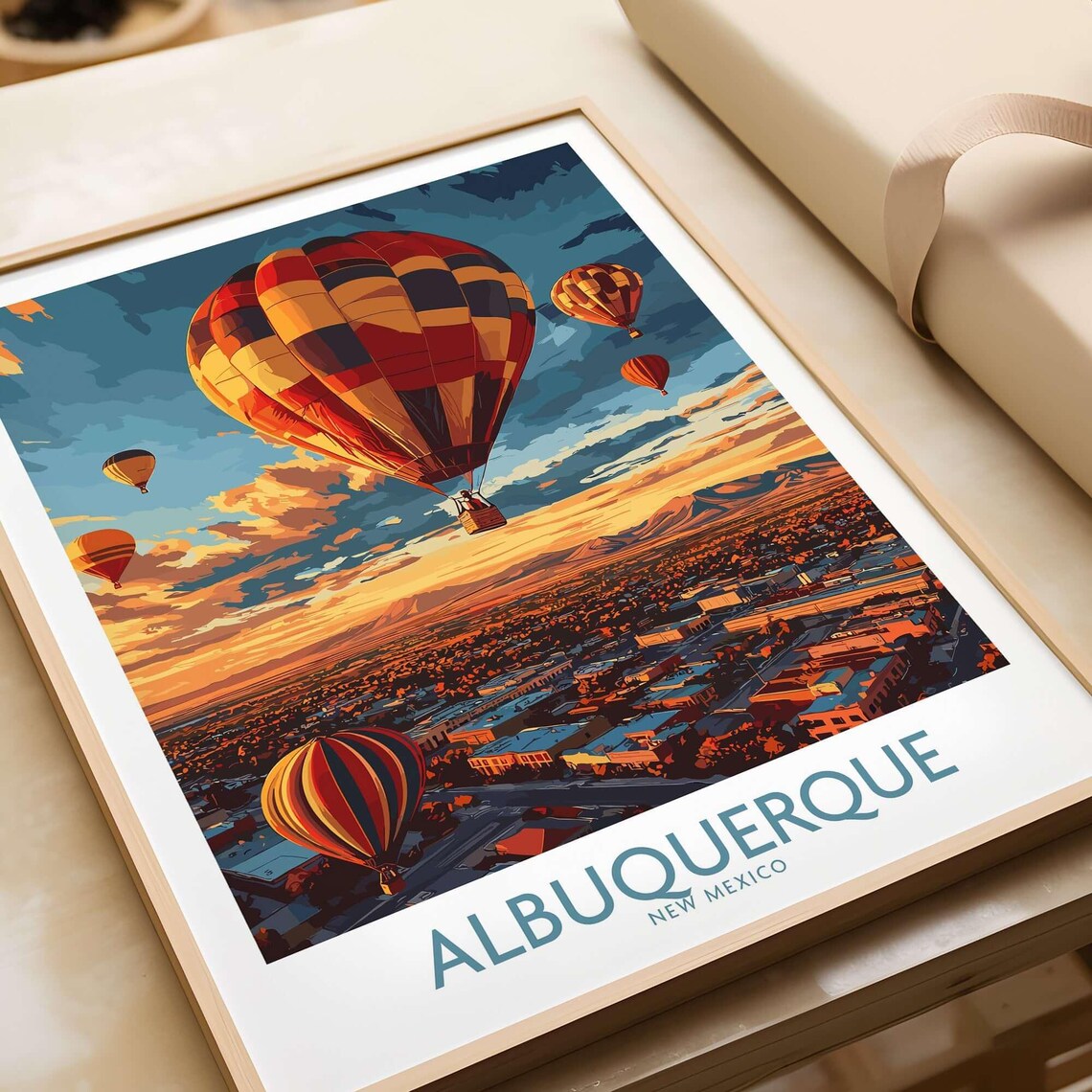 Albuquerque New Mexico Hot Air Balloons Sunset Skyline Travel Poster
