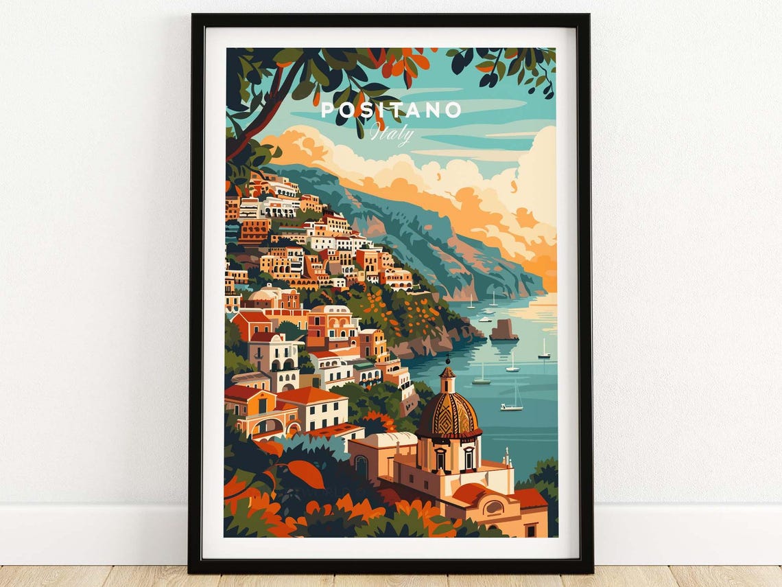 Positano Amalfi Coast Hillside Town Church Dome Coastline Poster