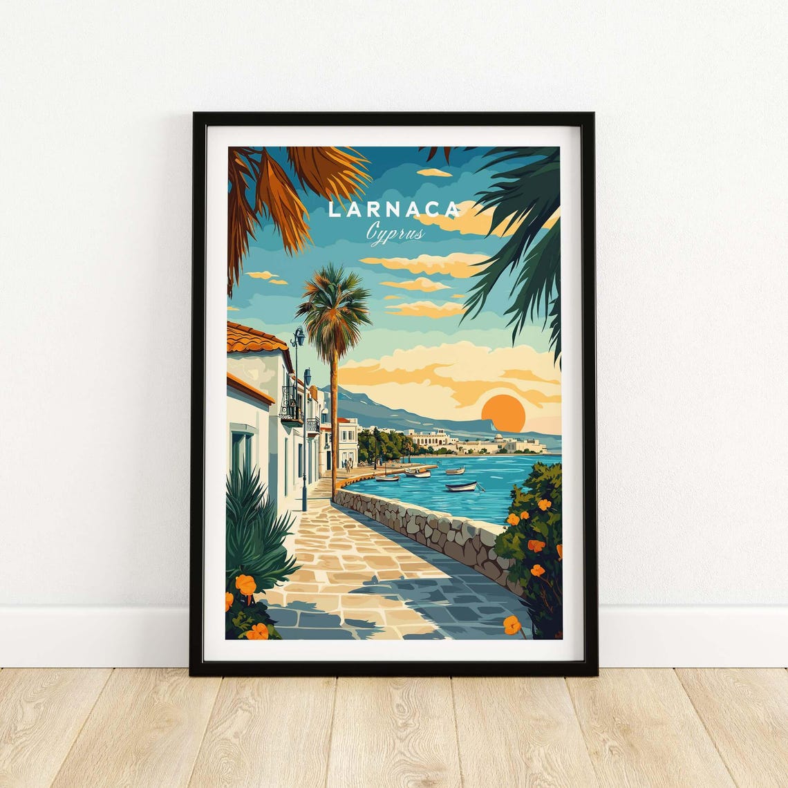 Larnaca Cyprus Sunset Palm Promenade Seaside Golden Hour Travel Poster