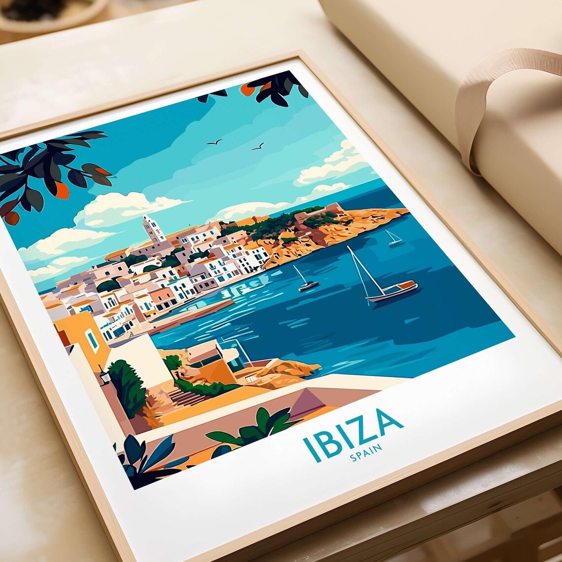 Ibiza Spain Old Town Harbor Aerial Sailboats View Travel Poster