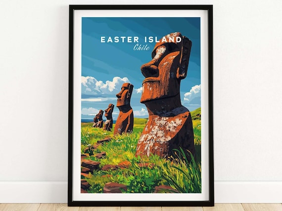 Easter Island Chile Moai Stone Statues Grassy Hillside Scene Poster