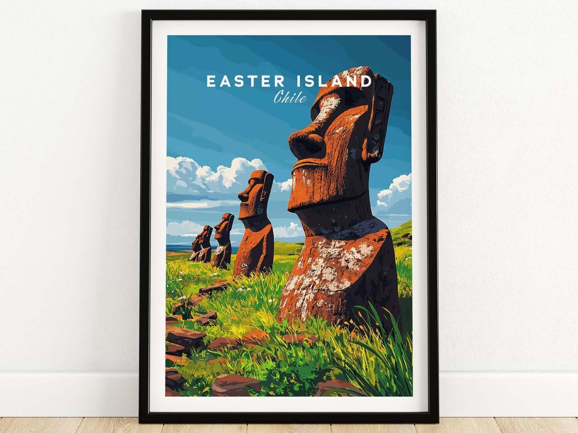 Easter Island Chile Moai Stone Statues Grassy Hillside Scene Poster