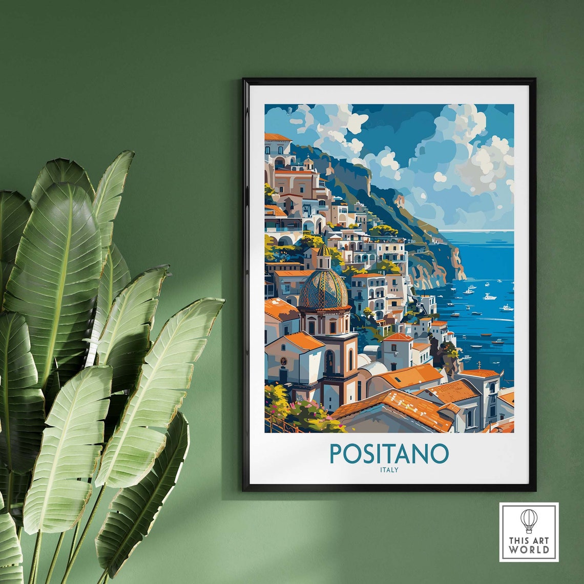 Positano Amalfi Coast Cliffside Houses Dome Church Sea View Poster - Image 2