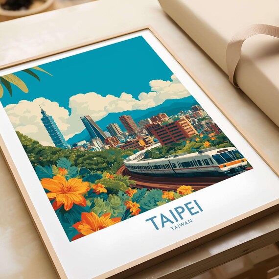 Taipei Taiwan MRT Train Passing Taipei 101 Hibiscus Blooms Poster