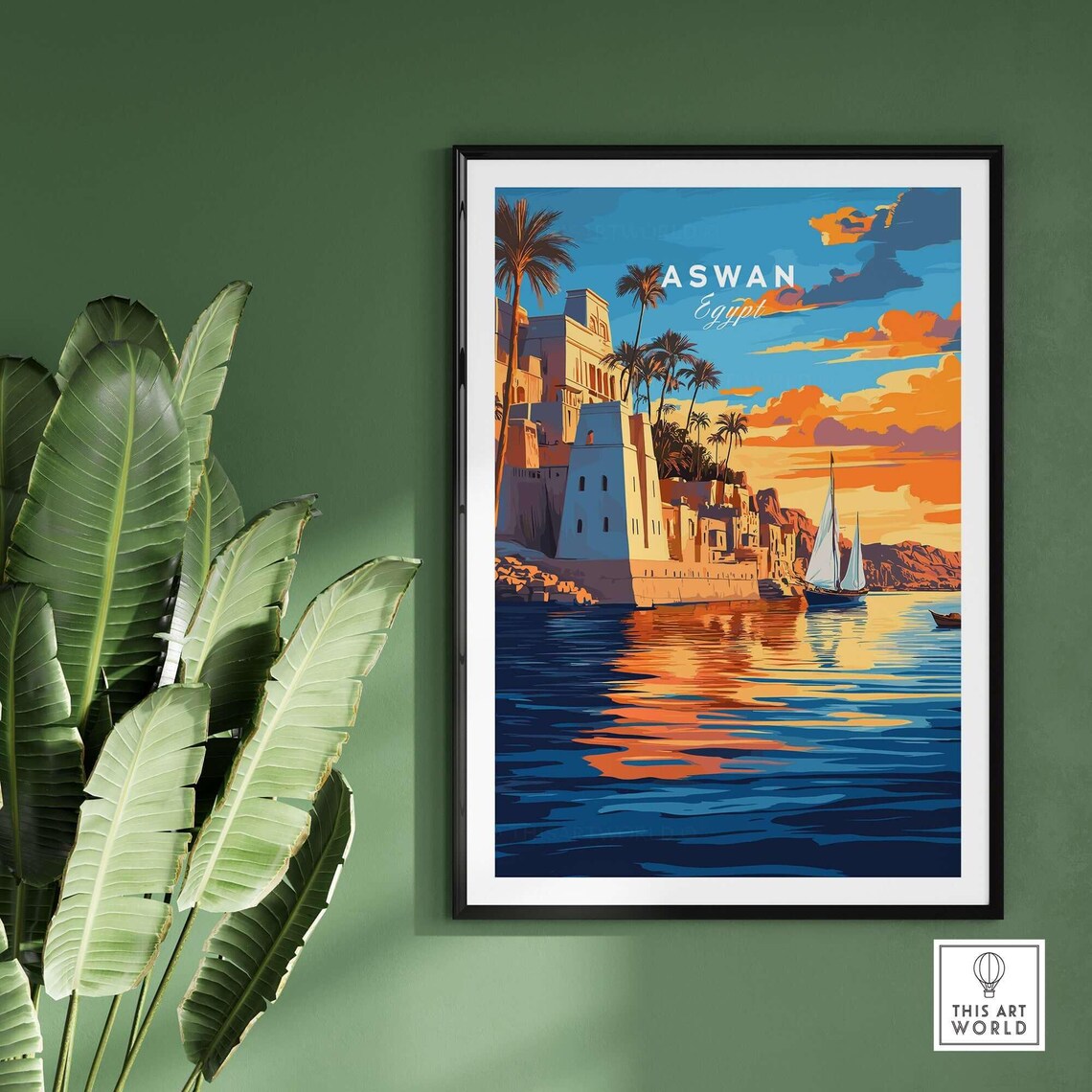 Aswan Egypt Nile Riverside Sunset With Felucca Sailboat Travel Poster - Image 2