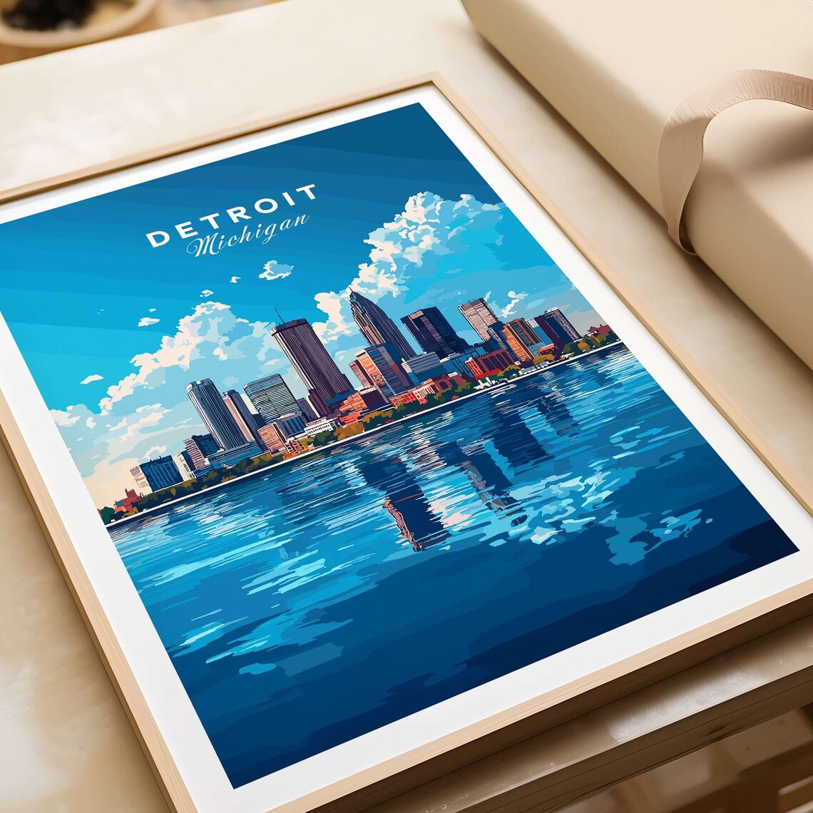 Detroit Michigan Summer Skyline Blue Water Vintage Travel Poster - Image 3