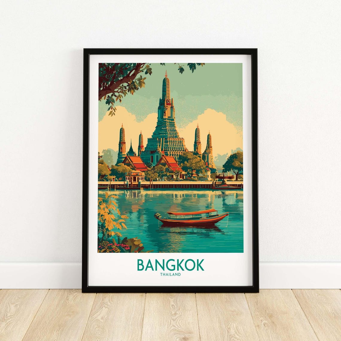 Bangkok Wat Arun Temple Riverside Illustration Travel Poster