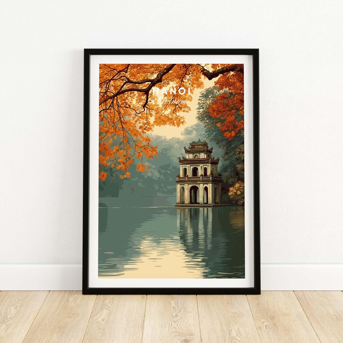 Hanoi Vietnam Hoan Kiem Lake Temple Autumn Foliage Travel Poster