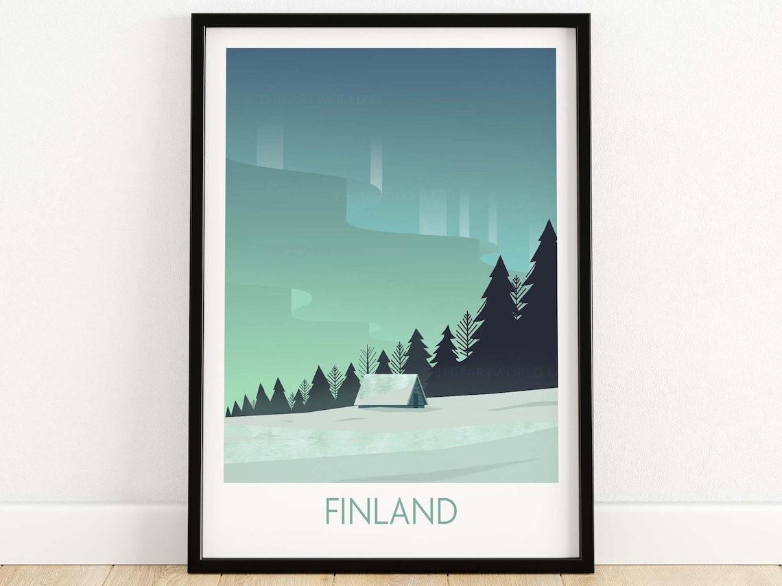 Finland Travel Poster, Northern Lights Aurora Borealis