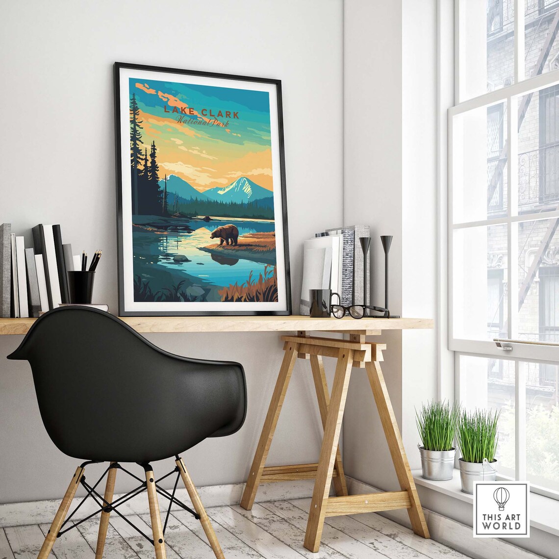 Lake Clark National Park Alaska Bear Lakeside Illustration Travel Poster - Image 4