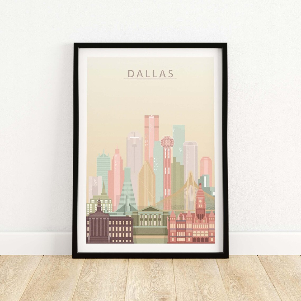 Dallas Texas Pastel City Skyline Illustrated Modern Travel Poster