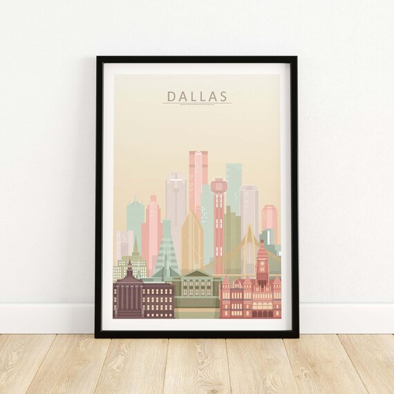 Dallas Texas Pastel City Skyline Illustrated Modern Travel Poster