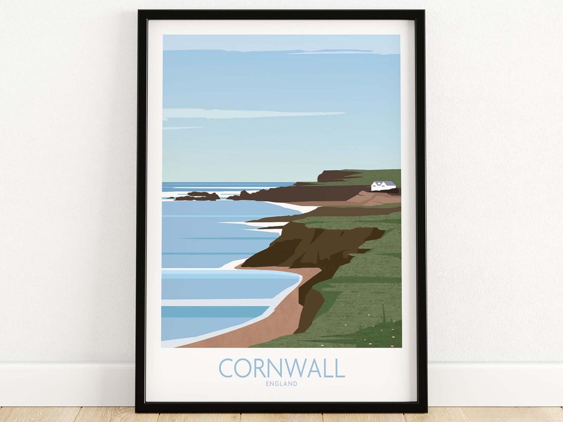 Cornwall England Coastal Cliffs Minimal Seascape Travel Poster