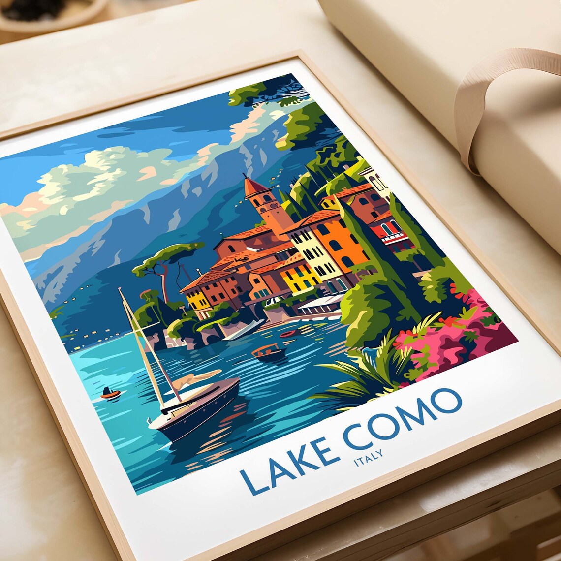 Lake Como Italy Lakeside Village Sailboats Mountains Travel Poster