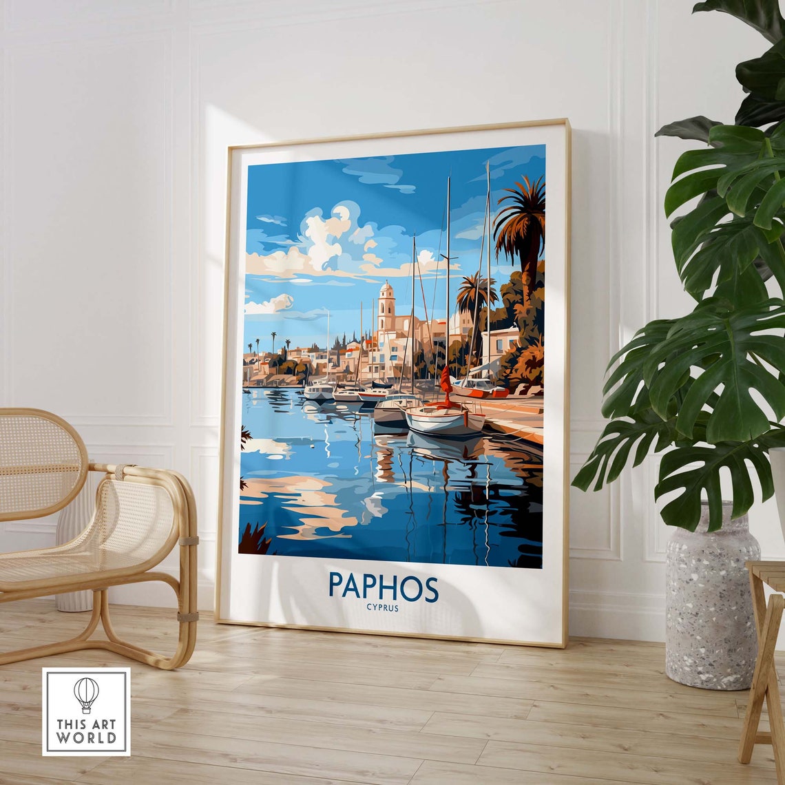 Paphos Cyprus Sunny Harbor Sailboats Palm Trees Tower Poster - Image 2