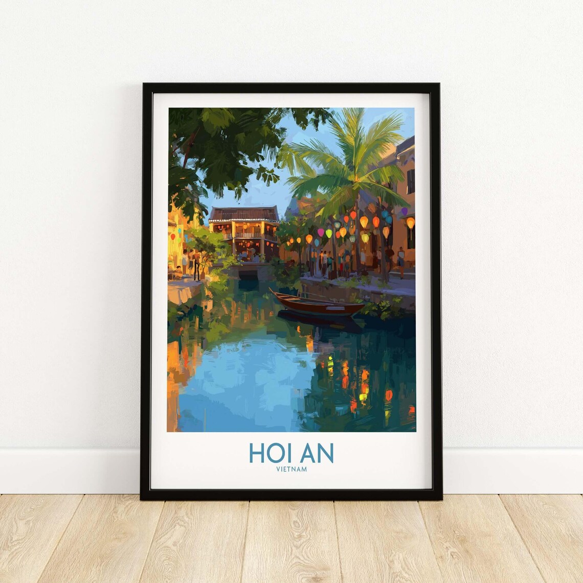 Hoi An Vietnam Canal Boat and Lanterns Vintage Travel Poster