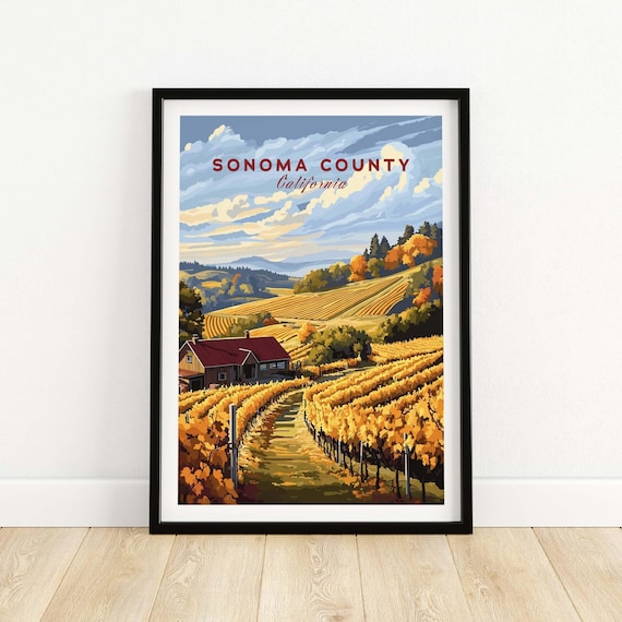 Sonoma County California Golden Vineyard Harvest Barn Scene Poster