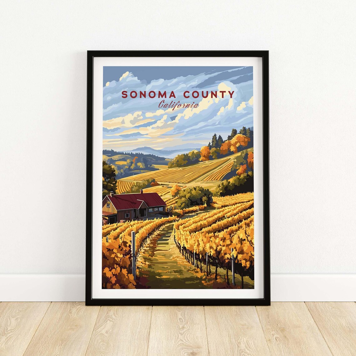 Sonoma County California Golden Vineyard Harvest Barn Scene Poster