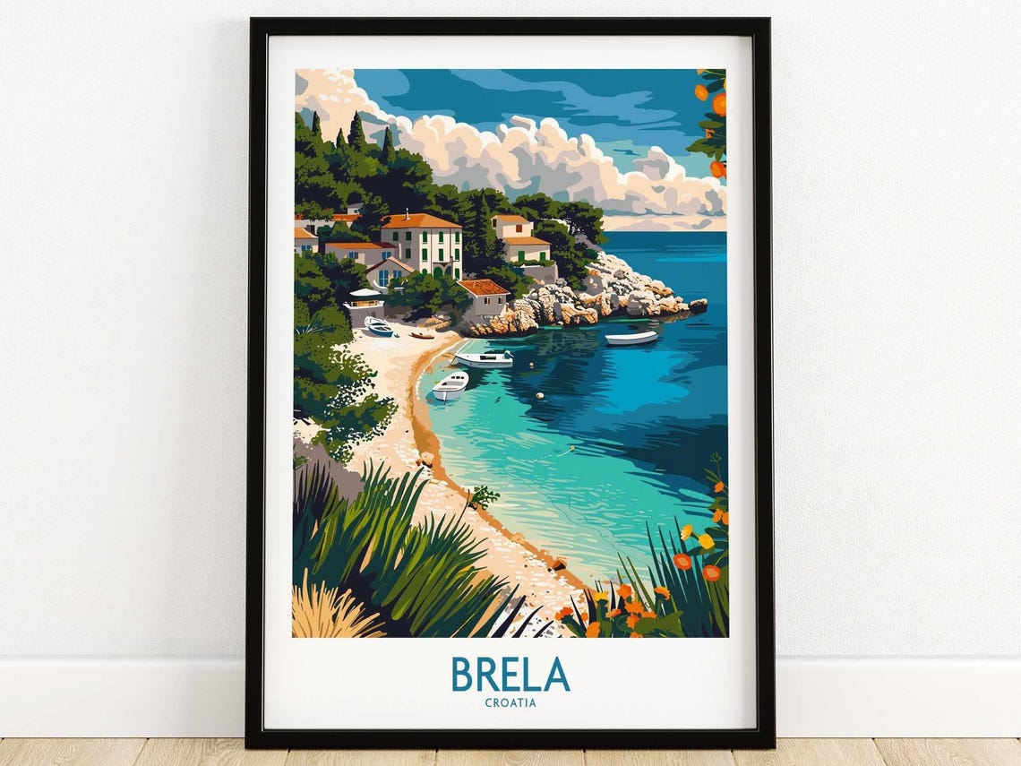 Brela Croatia Dalmatian Coast Beach Cove Illustration Travel Poster