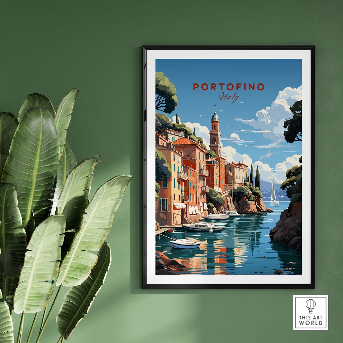 Retro Portofino Italy Harbor Boats Church Tower Seaside Poster - Image 2