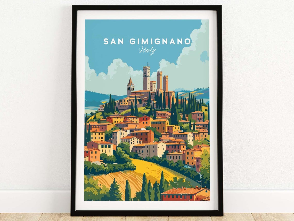 San Gimignano Italy Medieval Towers Tuscan Hills Vintage Poster