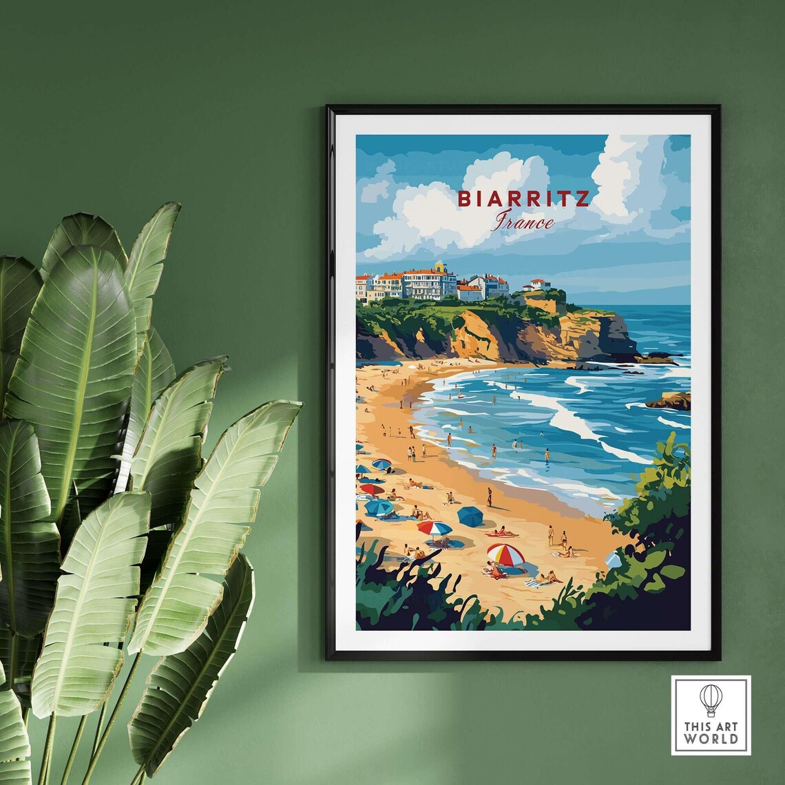 Biarritz France Sandy Beach Umbrellas Cliffs Waves Travel Poster - Image 2