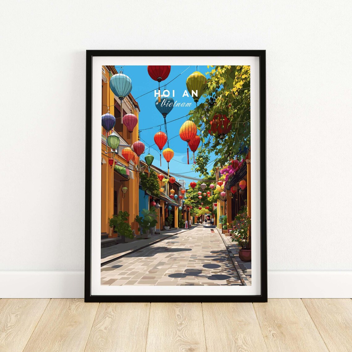 Hoi An Vietnam Daytime Lantern Street Scene Vintage Travel Poster