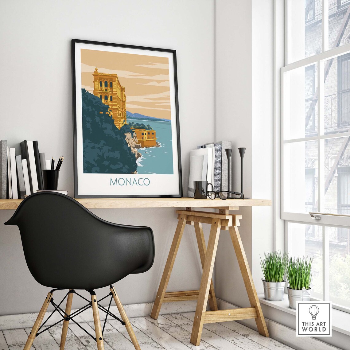Monaco Cliffside Golden Palace Mediterranean Sea View Travel Poster - Image 4