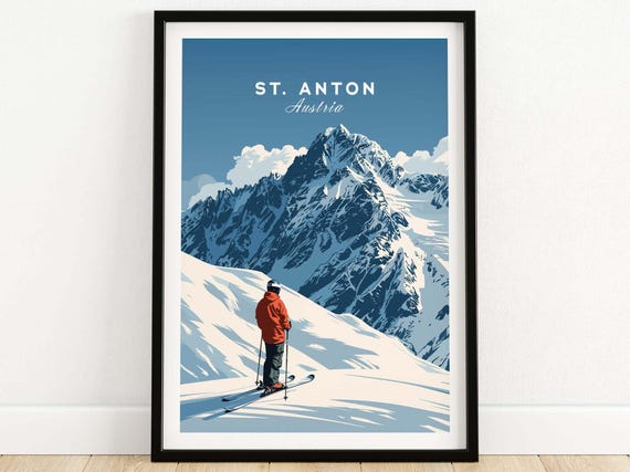 St Anton Ski Print Austria Mountain Art Ski Lodge Wall Decor Winter Sports Artwork Mountain Home Alpine Chalet Gift Adventure Sport Resort
