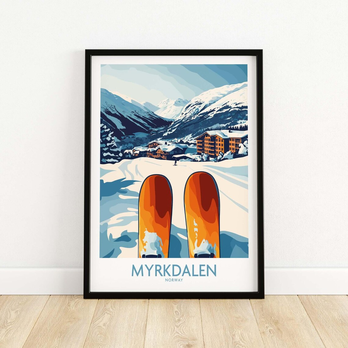 Myrkdalen Norway Orange Skis Village Valley View Travel Poster