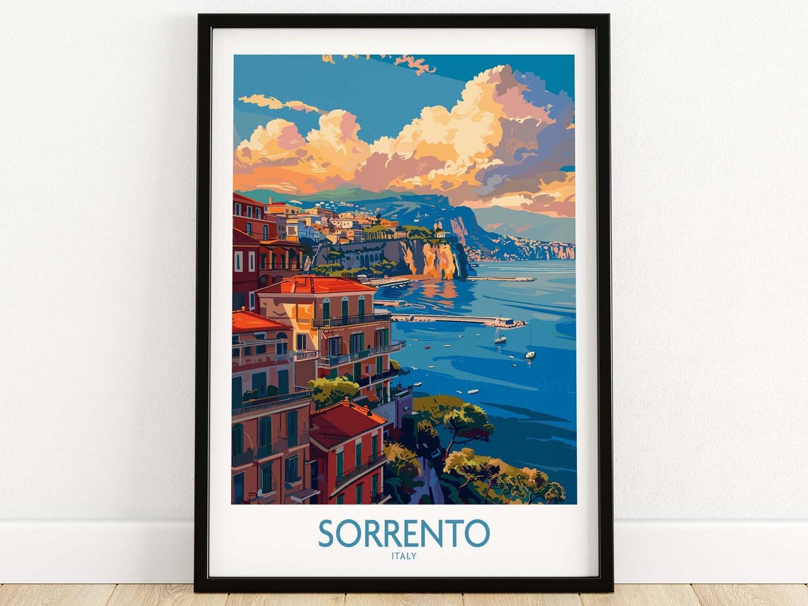 Sorrento Italy Cliffside Town Bay View Sunset Clouds Scene Poster