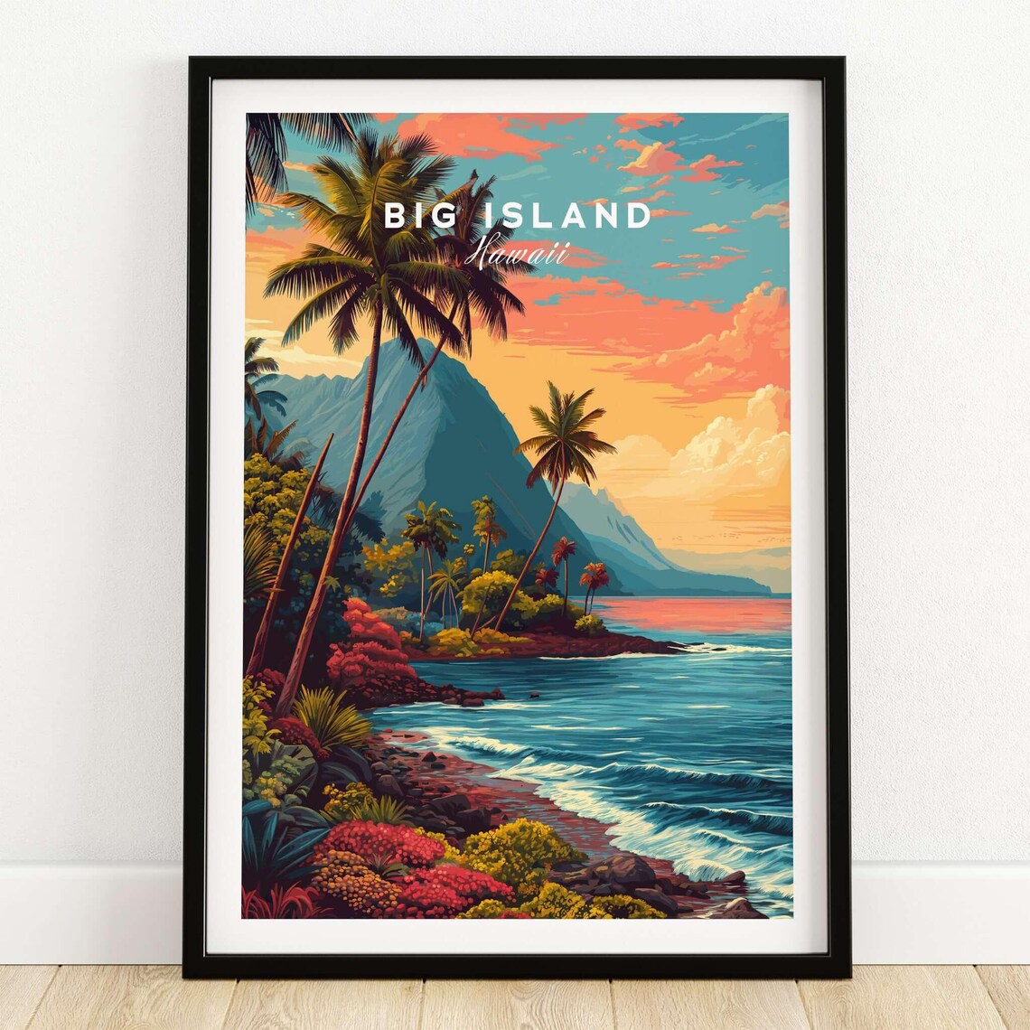 Big Island Hawaii Tropical Coast Palms Waves Vintage Travel Poster
