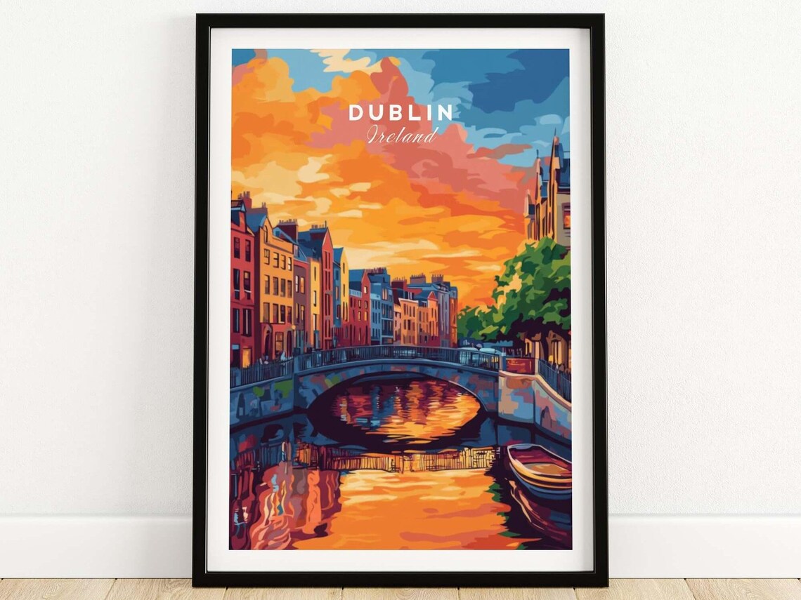 Dublin Ireland Fiery Orange Sunset River Vintage Travel Poster