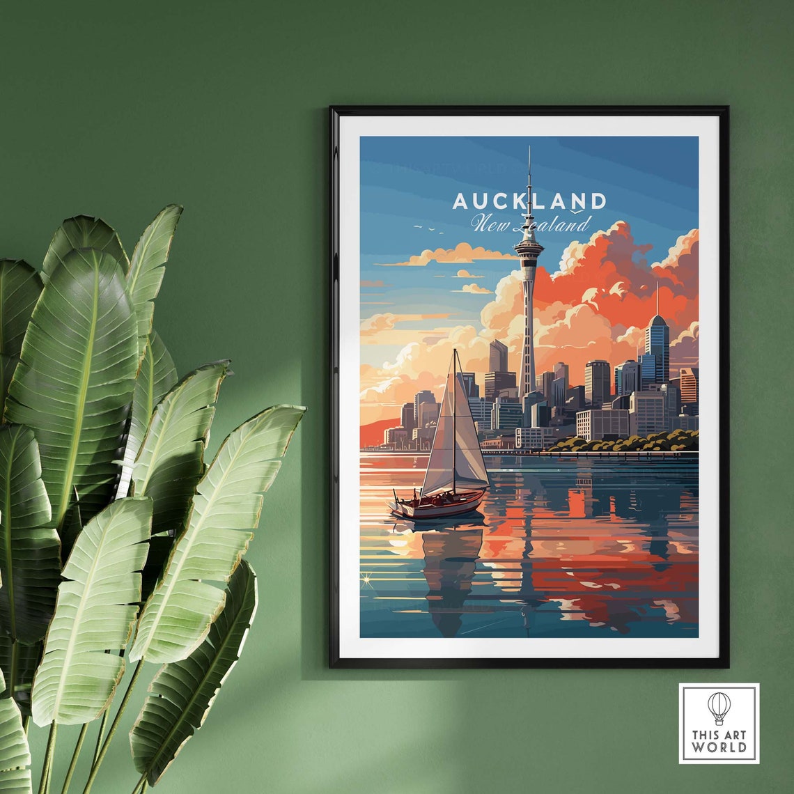 Auckland New Zealand Sky Tower Harbor Sailboat Sunset Travel Poster - Image 2