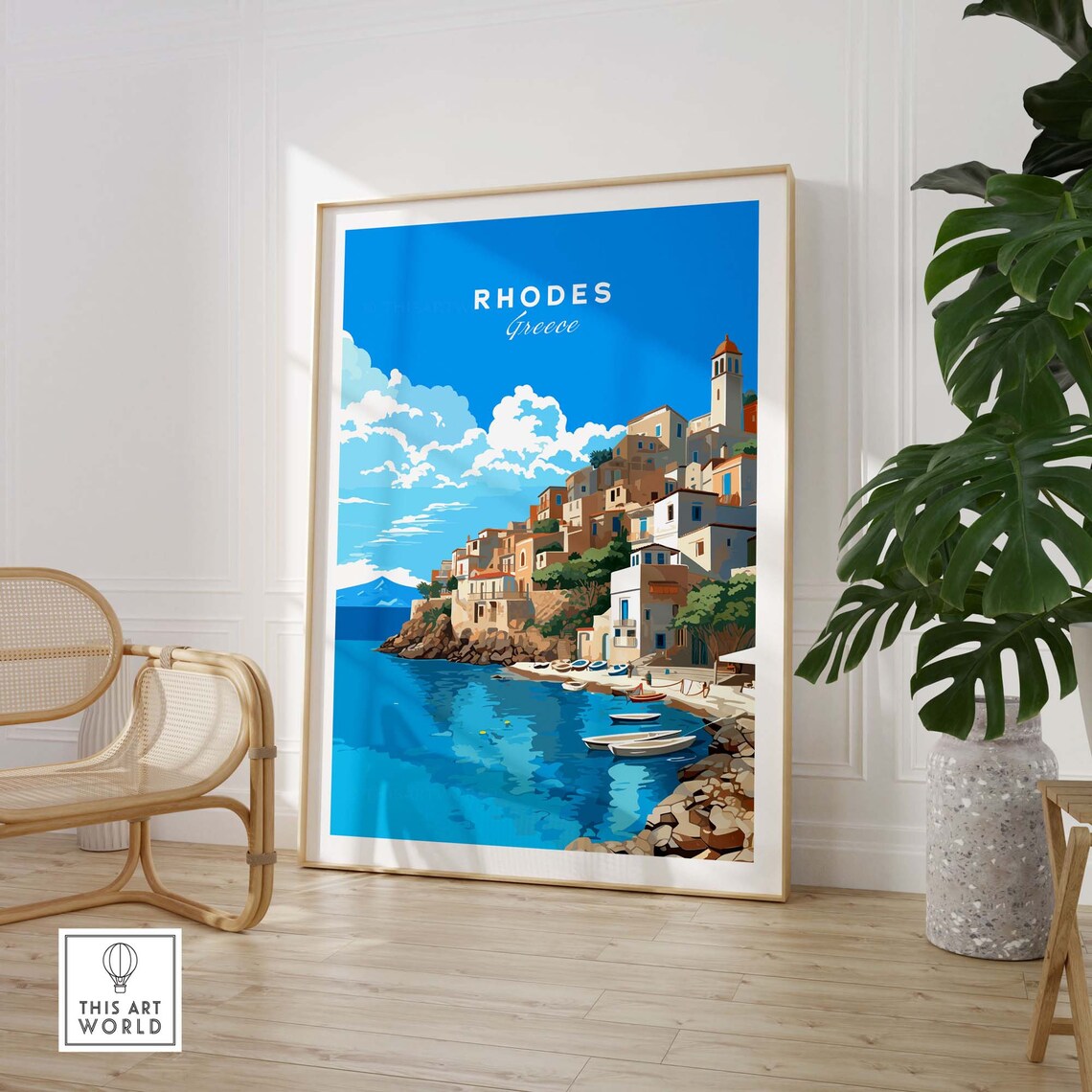 Rhodes Greece Harbor Town Boats Blue Sea Island Coast Travel Poster - Image 3