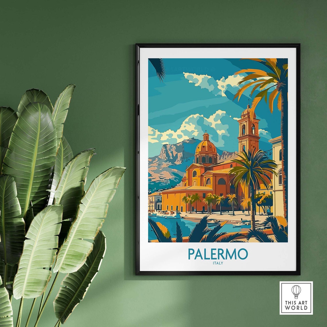 Palermo Italy Cathedral Palm Fronds Waterfront Street View Poster - Image 2