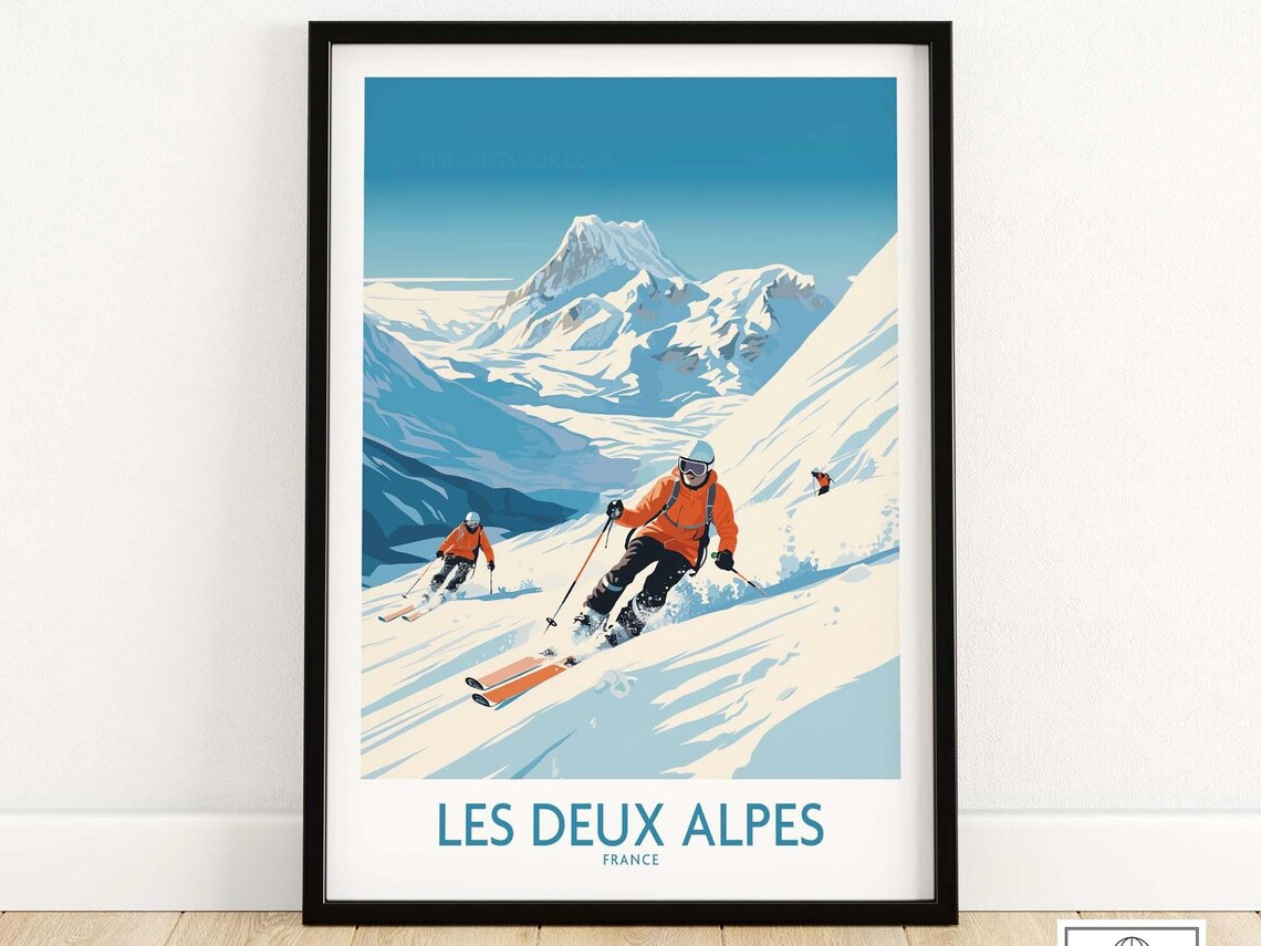 Les Deux Alpes France Skiers Powder Snowy Peak Vintage Ski Poster